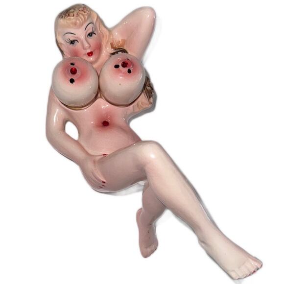 RARE Vintage 3pc Nude PinUp Girl Salt & Pepper Shakers Lady Rhinestones 50's - Picture 1 of 9